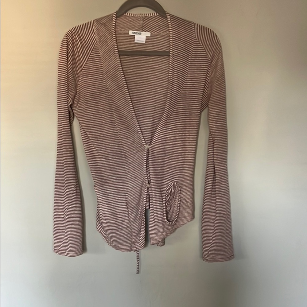 Humanoid Linen Cardigan Striped w/pockets drawstring cinch back button front